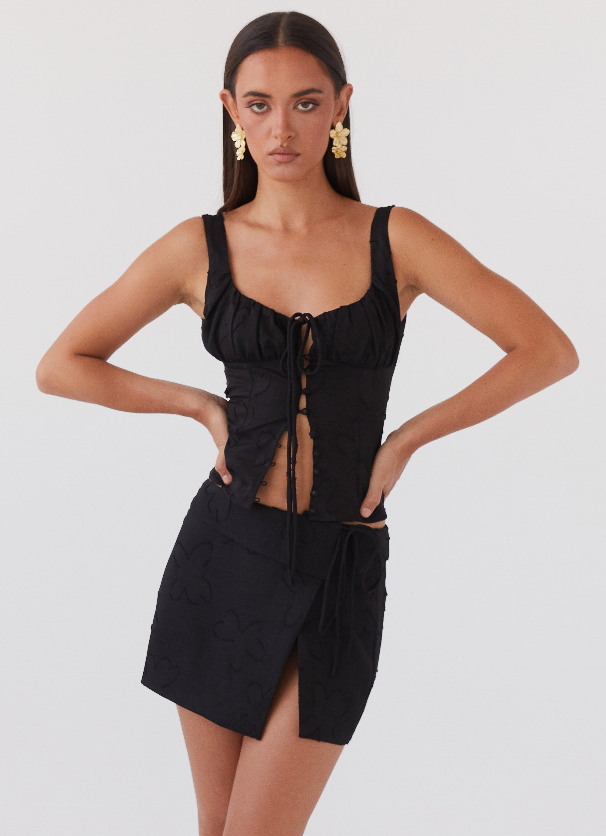 Bianka Wrap Mini Skirt - Black Petal-Sunny Prom. All rights reserved.