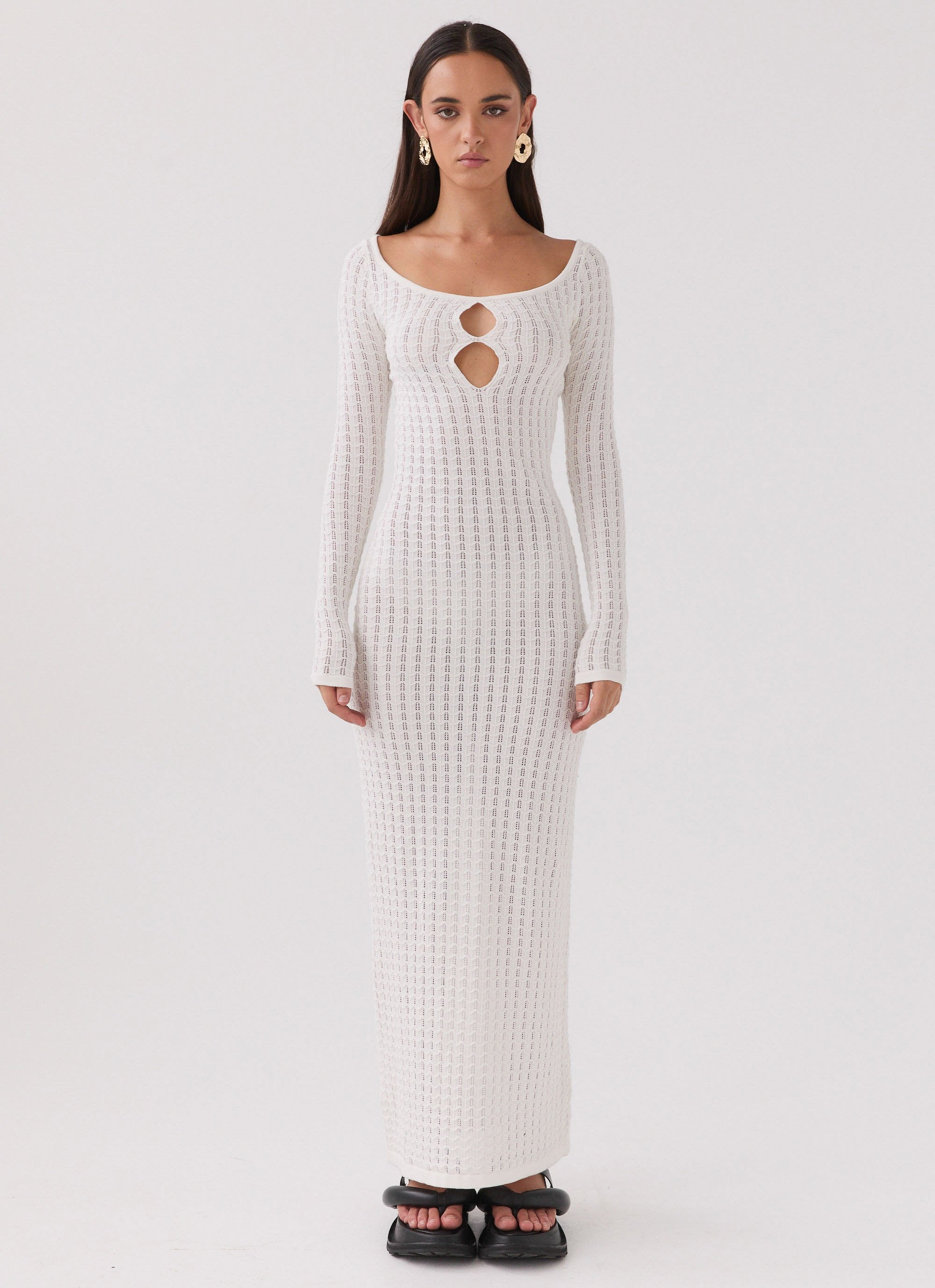 Crystal Cascade Knit Maxi Dress - White-Sunny Prom. All rights reserved.