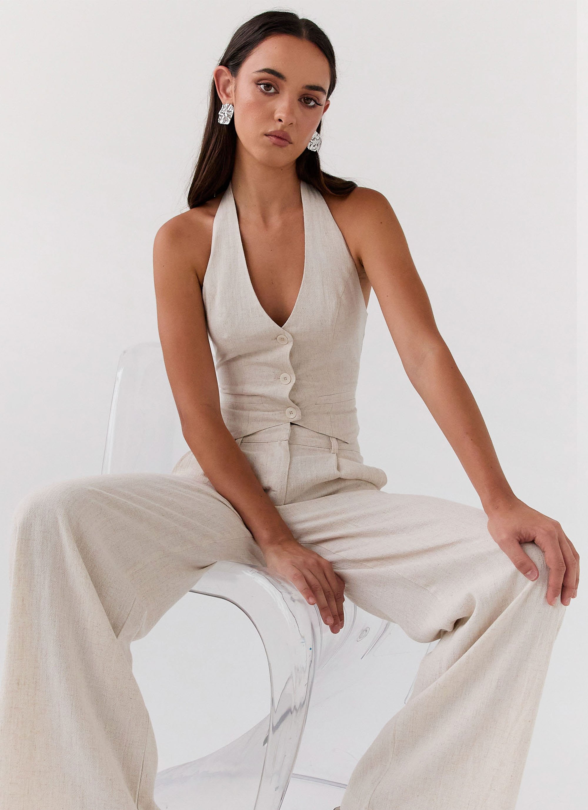 Ambrosa Halterneck Linen Vest - Oatmeal-Sunny Prom. All rights reserved.