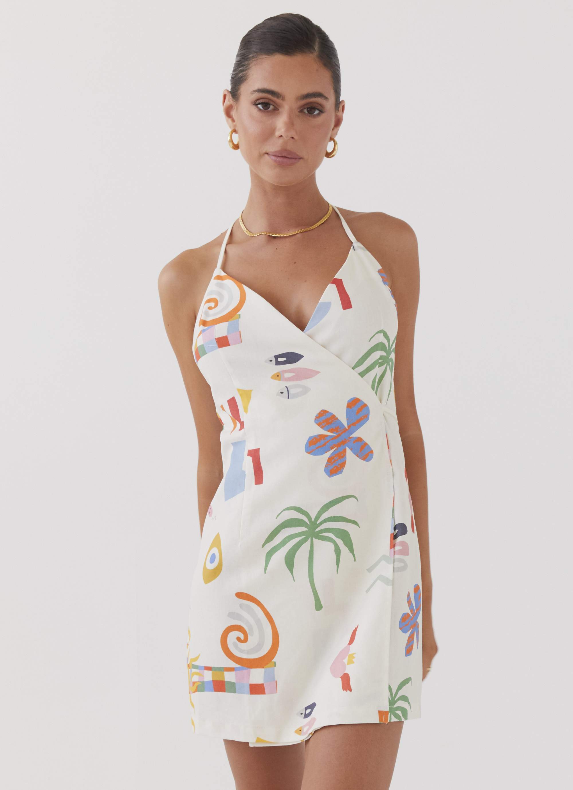 At Last Sunrise Wrap Linen Mini Dress - Summer Palm-Sunny Prom. All rights reserved.
