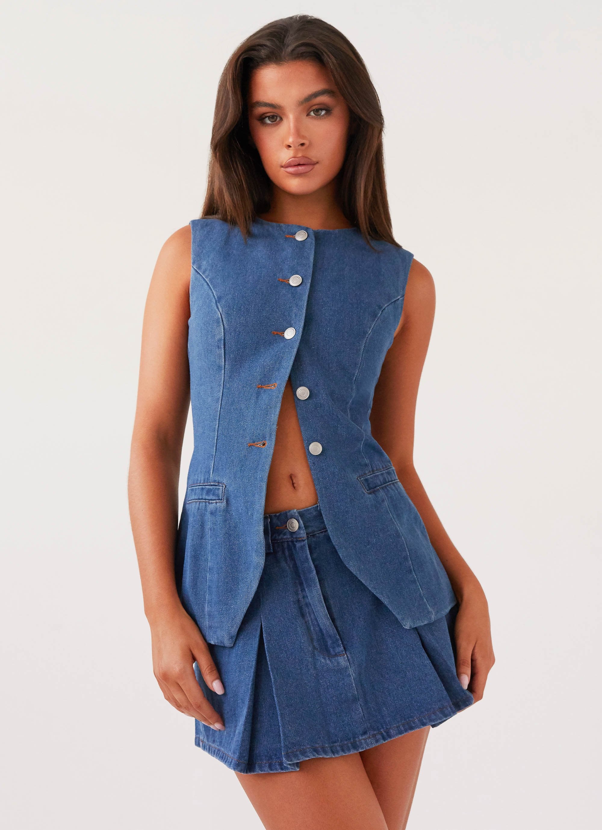 Ashlyn Denim Mini Skirt - Indigo-Sunny Prom. All rights reserved.