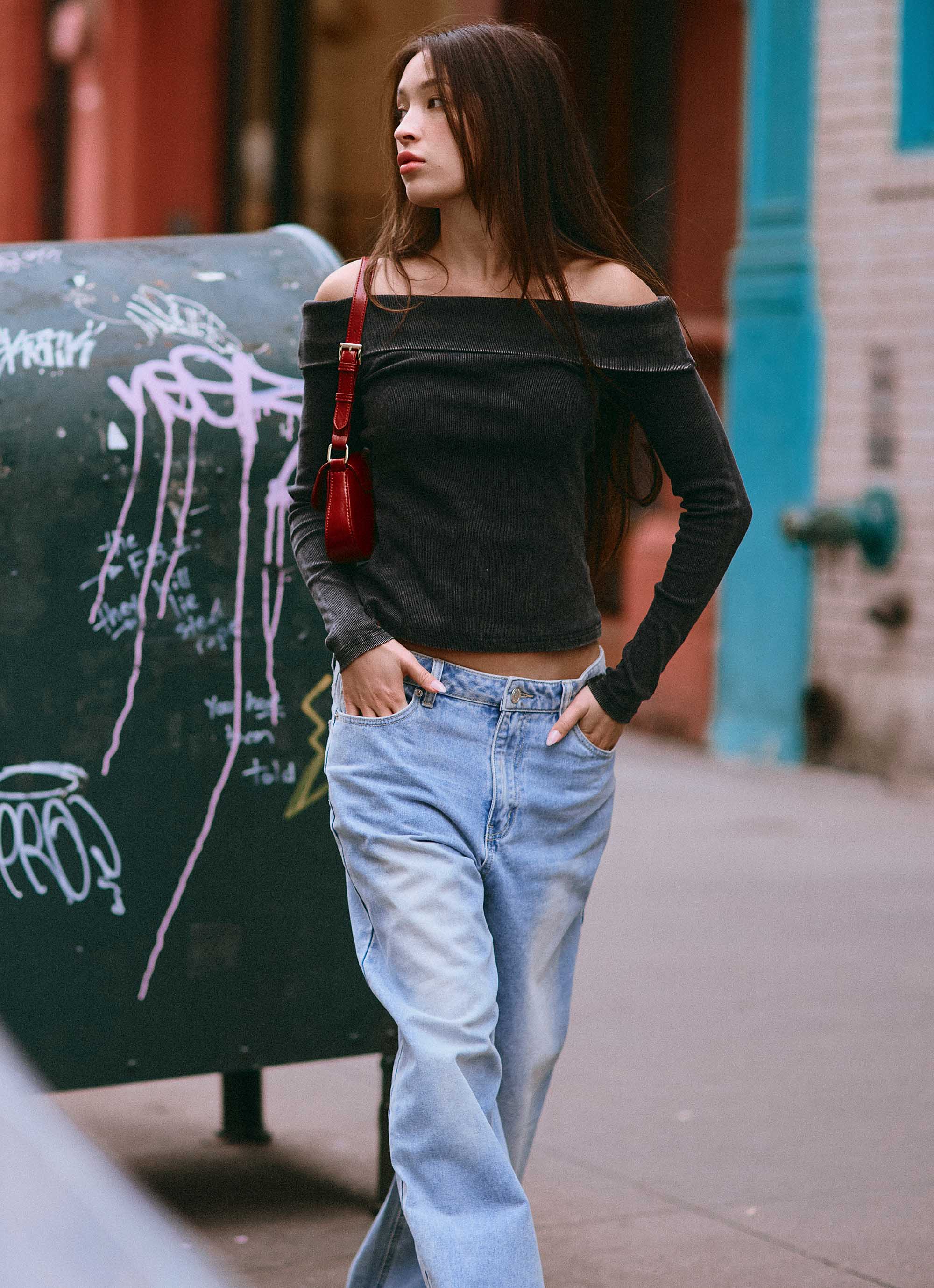 Hayley Long Sleeve Ribbed Top - Charcoal Acid Wash-Sunny Prom. All rights reserved.