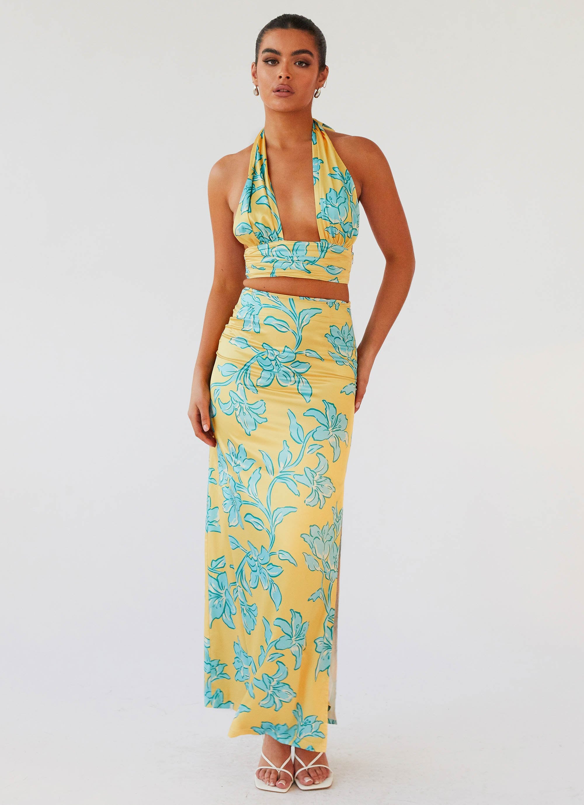 Amalia Satin Maxi Skirt - Golden Bloom-Sunny Prom. All rights reserved.