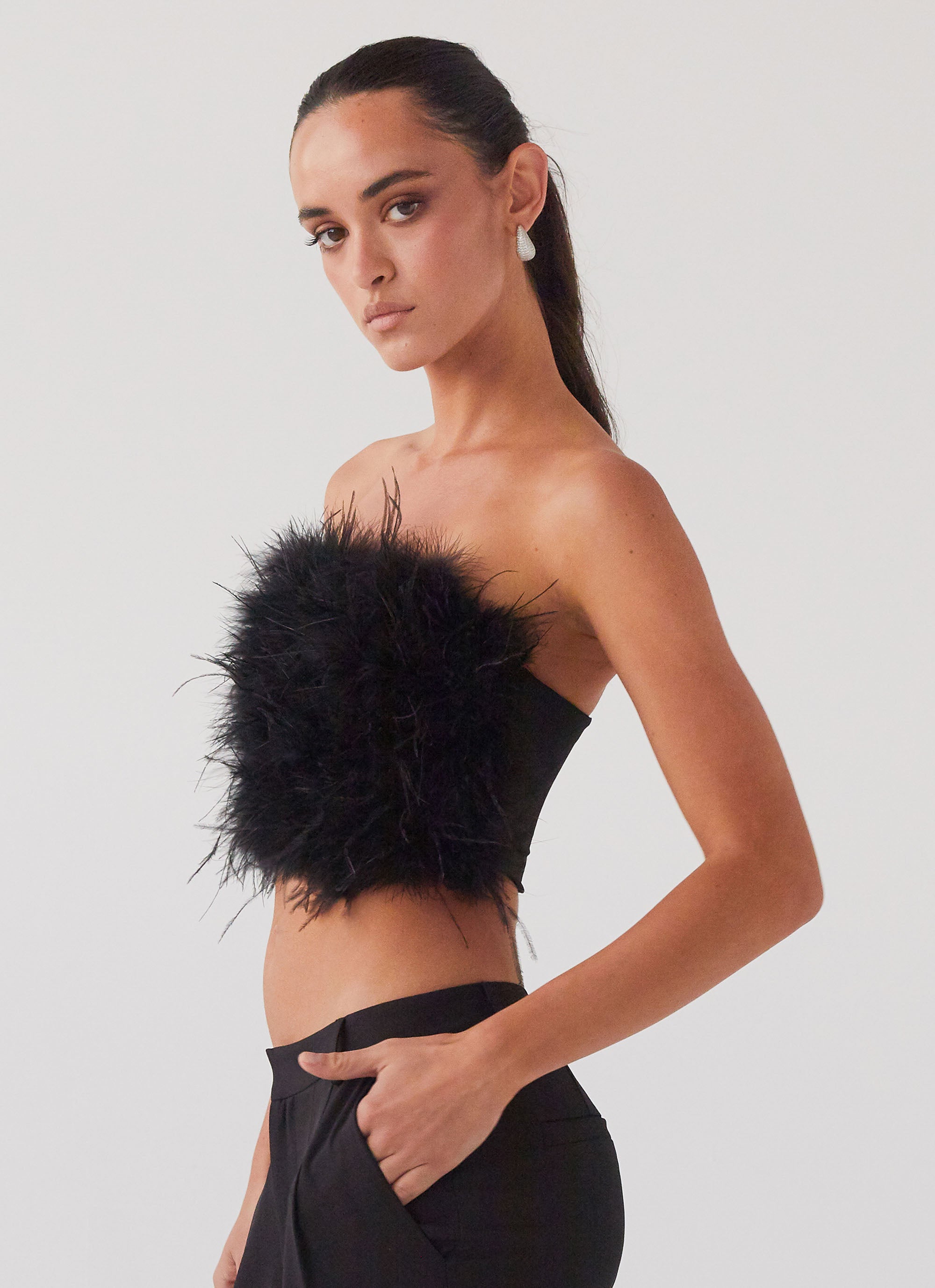 The Night Is Ours Feather Crop Top - Black-Sunny Prom. All rights reserved.