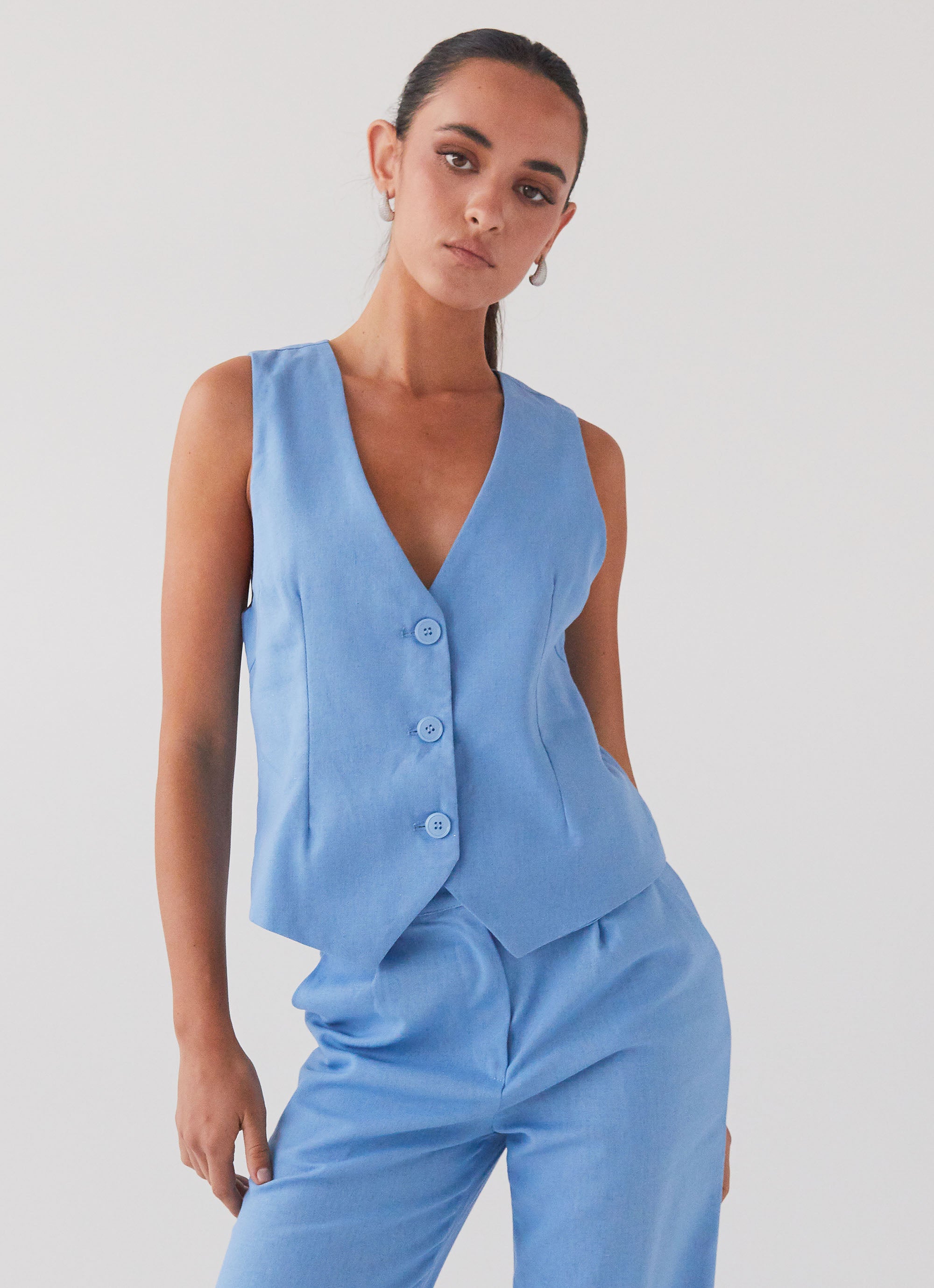 Cloud Dancer Linen Vest Top - Sea Breeze-Sunny Prom. All rights reserved.