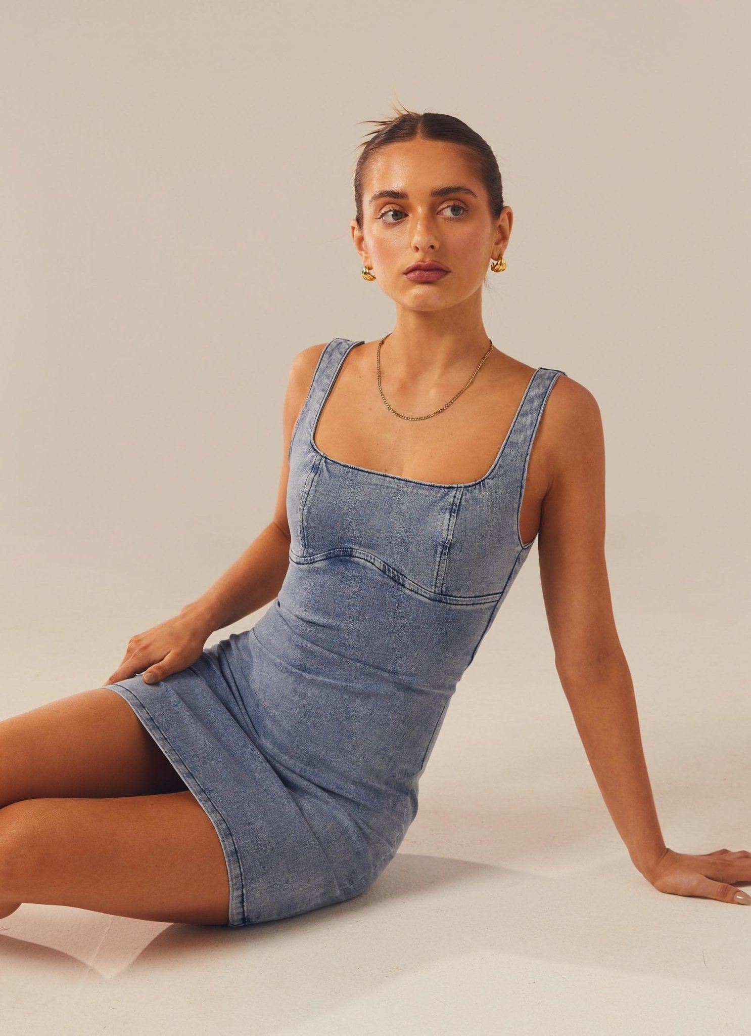 Alessia Denim Mini Dress - Blue Denim-Sunny Prom. All rights reserved.
