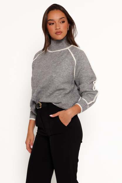 Rylee Contrast Hem Knit Sweater - Grey-Sunny Prom
