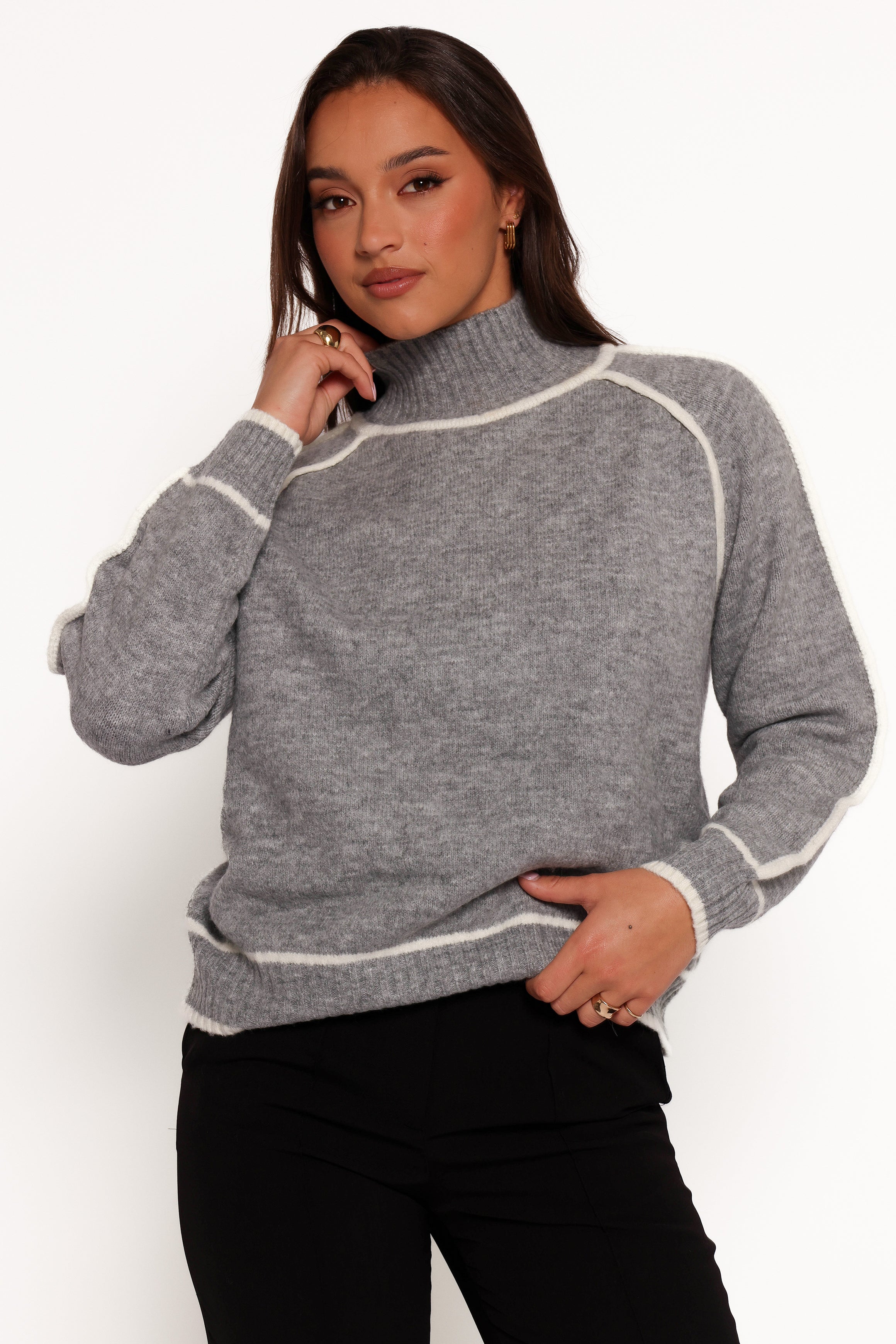 Rylee Contrast Hem Knit Sweater - Grey-Sunny Prom