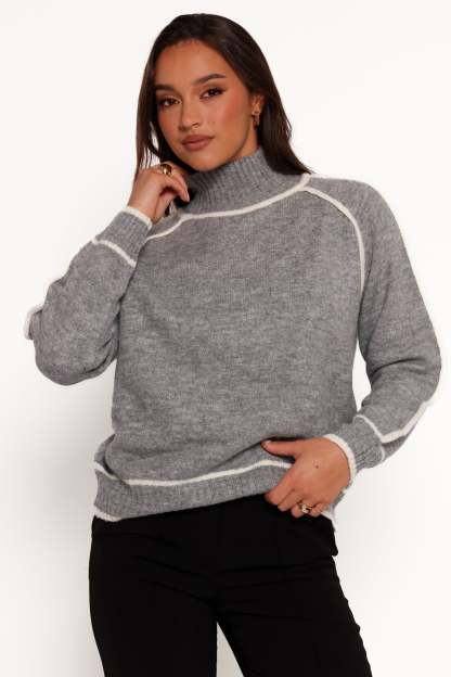 Rylee Contrast Hem Knit Sweater - Grey-Sunny Prom