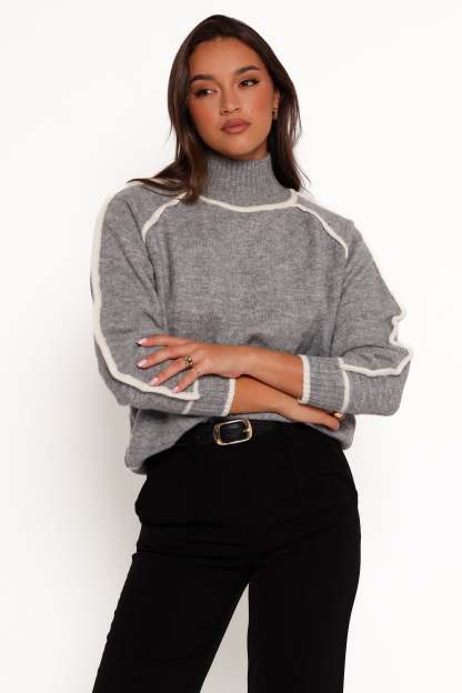 Rylee Contrast Hem Knit Sweater - Grey-Sunny Prom