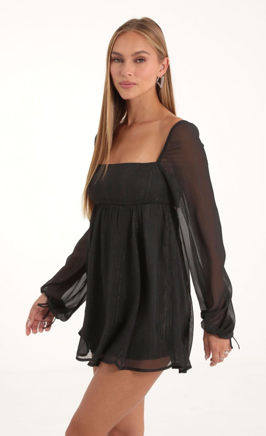 Striped Long Sleeve Baby Doll Dress in Black-Sunny Prom. All rights reserved.
