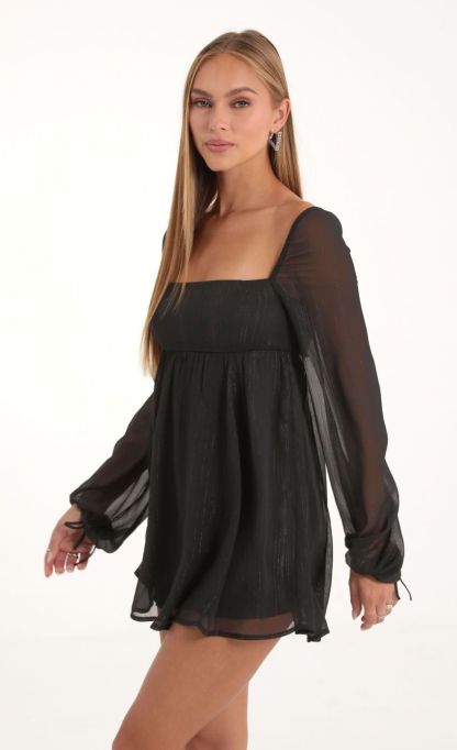 Striped Long Sleeve Baby Doll Dress in Black-Sunny Prom. All rights reserved.