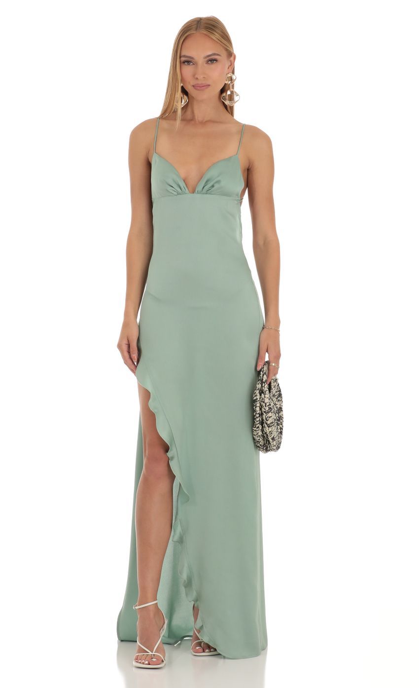 Satin Ruffle Maxi Dress in Sage-Sunny Prom. All rights reserved.