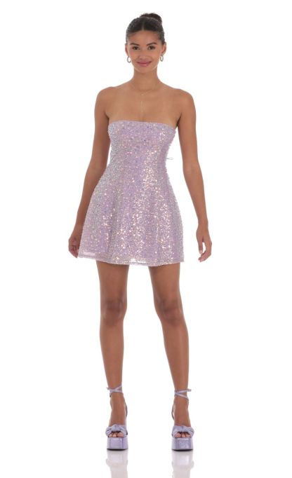 Sequin Glitter Strapless Fit and Flare Dress in Lilac-Sunny Prom. All rights reserved.