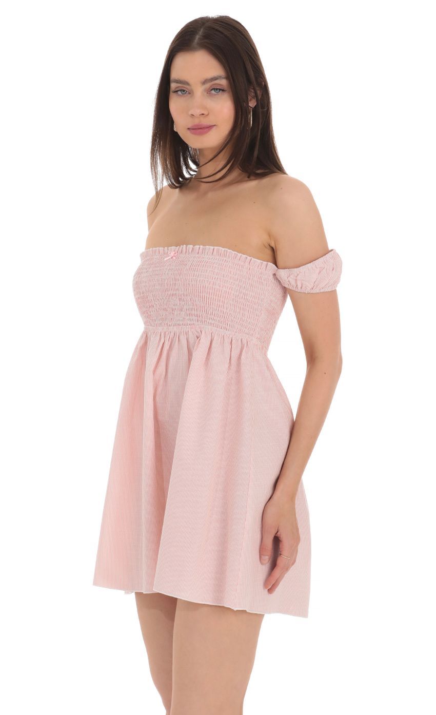 Striped Smocked Off Shoulder Dress in Pink-Sunny Prom. All rights reserved.