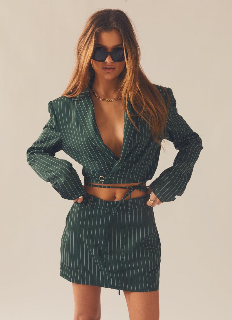 Pursuit of Happiness Cropped Blazer - Green Pinstripe-Sunny Prom. All rights reserved.