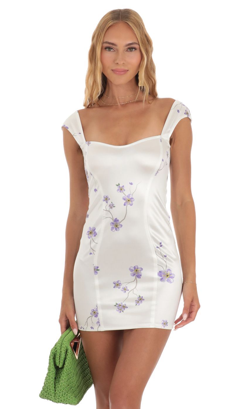 Satin Floral Fitted Mini Dress in White-Sunny Prom. All rights reserved.