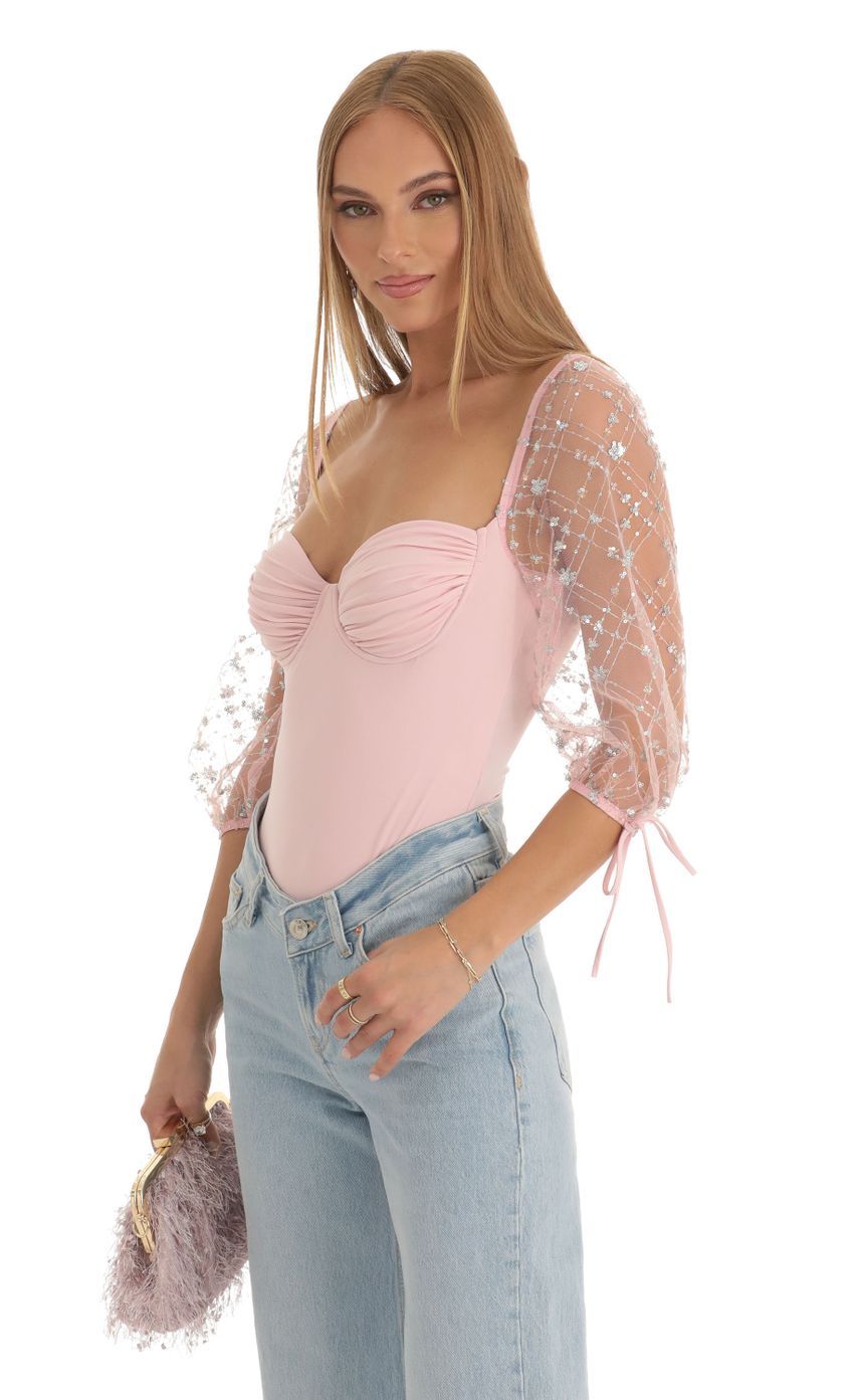 Sequin Puff Sleeve Bodysuit in Pink-Sunny Prom. All rights reserved.
