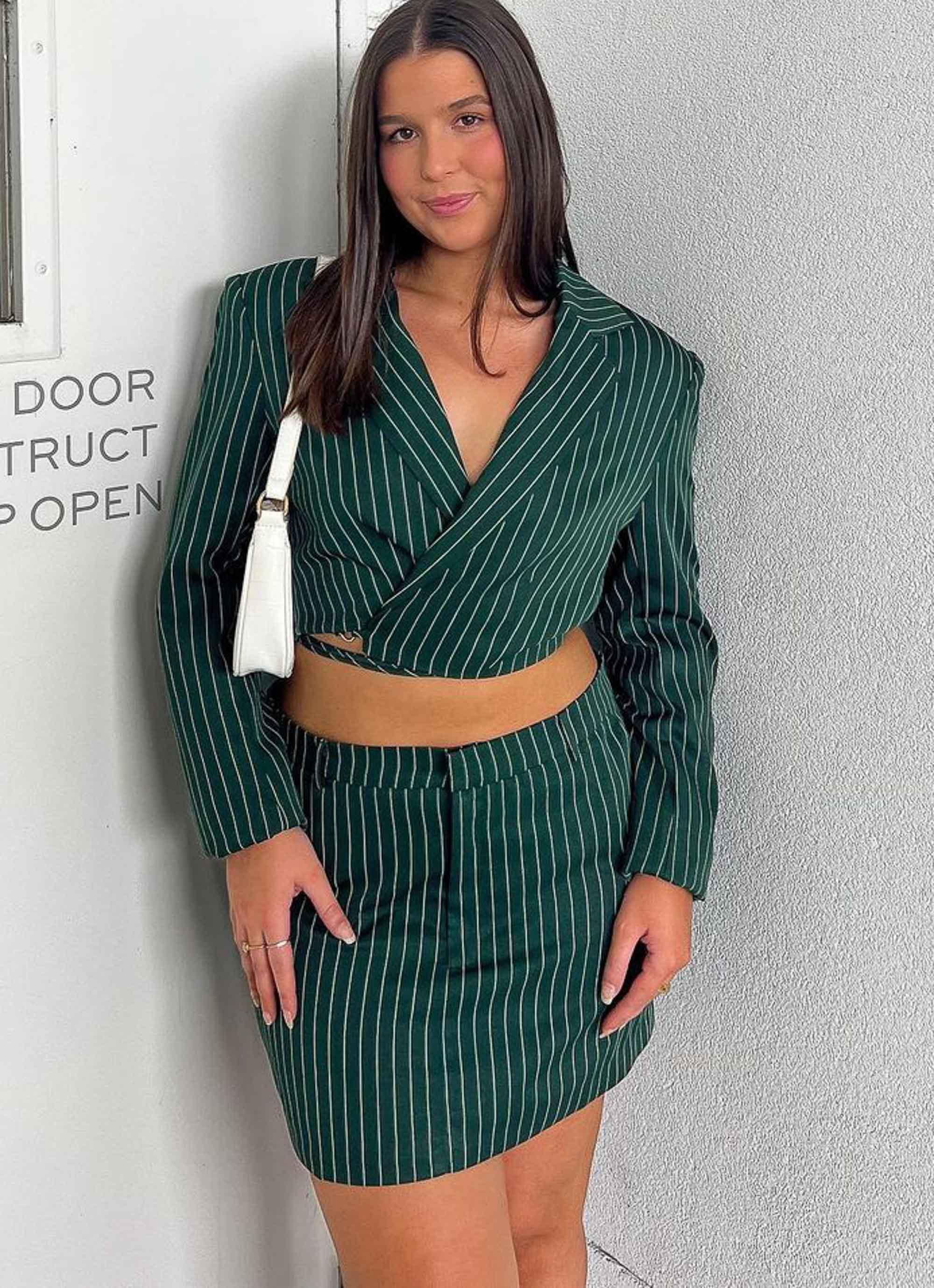 Forbidden Suit Skirt - Green Pinstripe-Sunny Prom. All rights reserved.