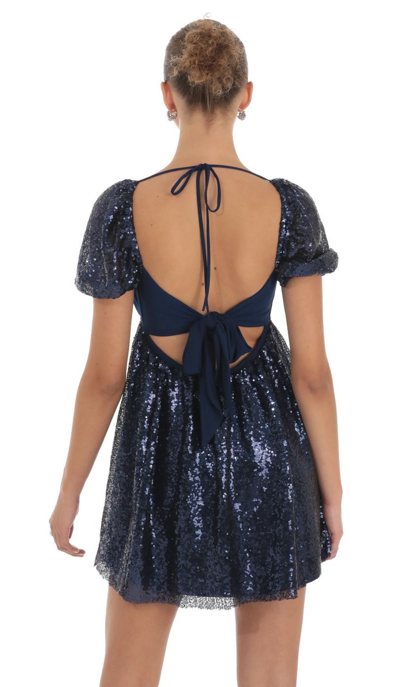 Sequin Puff Sleeve Baby Doll Dress in Navy-Sunny Prom. All rights reserved.