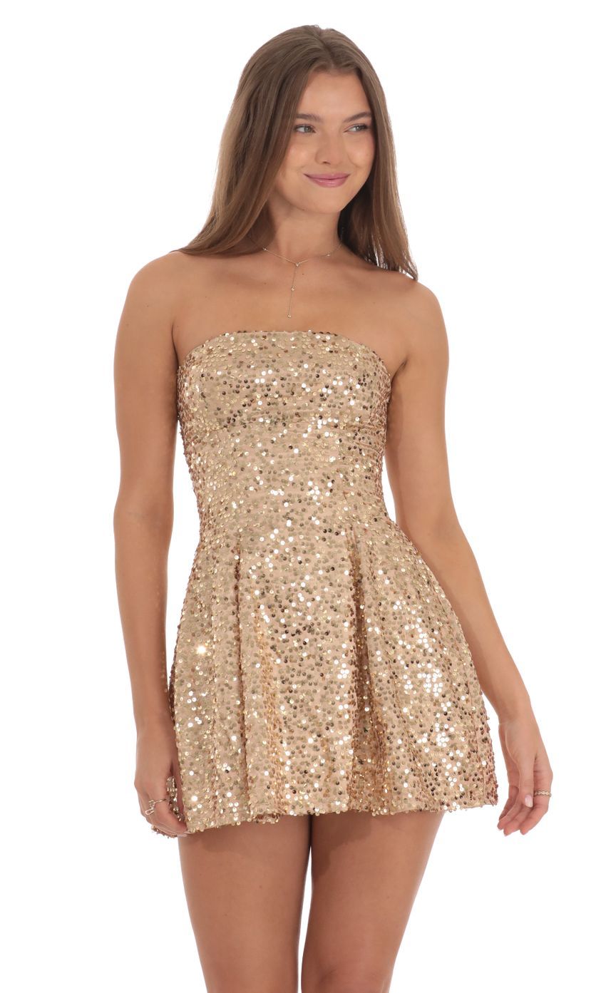 Sequin Strapless Fit and Flare Dress in Gold-Sunny Prom. All rights reserved.
