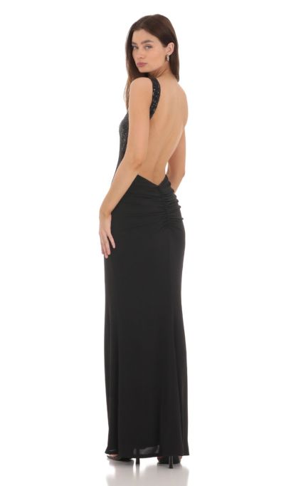 Sequin Cross Neck Maxi Dress in Black-Sunny Prom. All rights reserved.