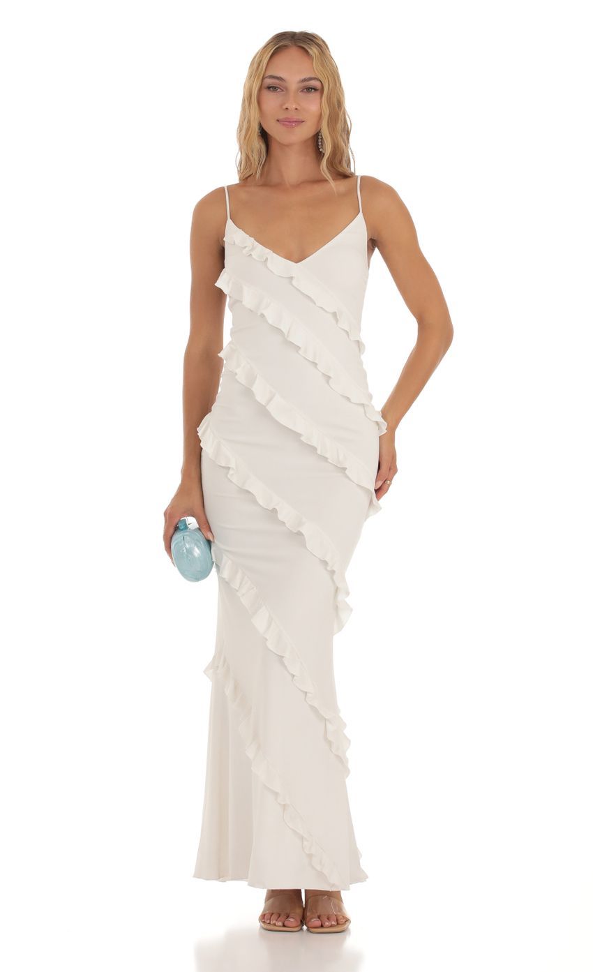 Shimmer Ruffle Maxi Dress in White-Sunny Prom. All rights reserved.
