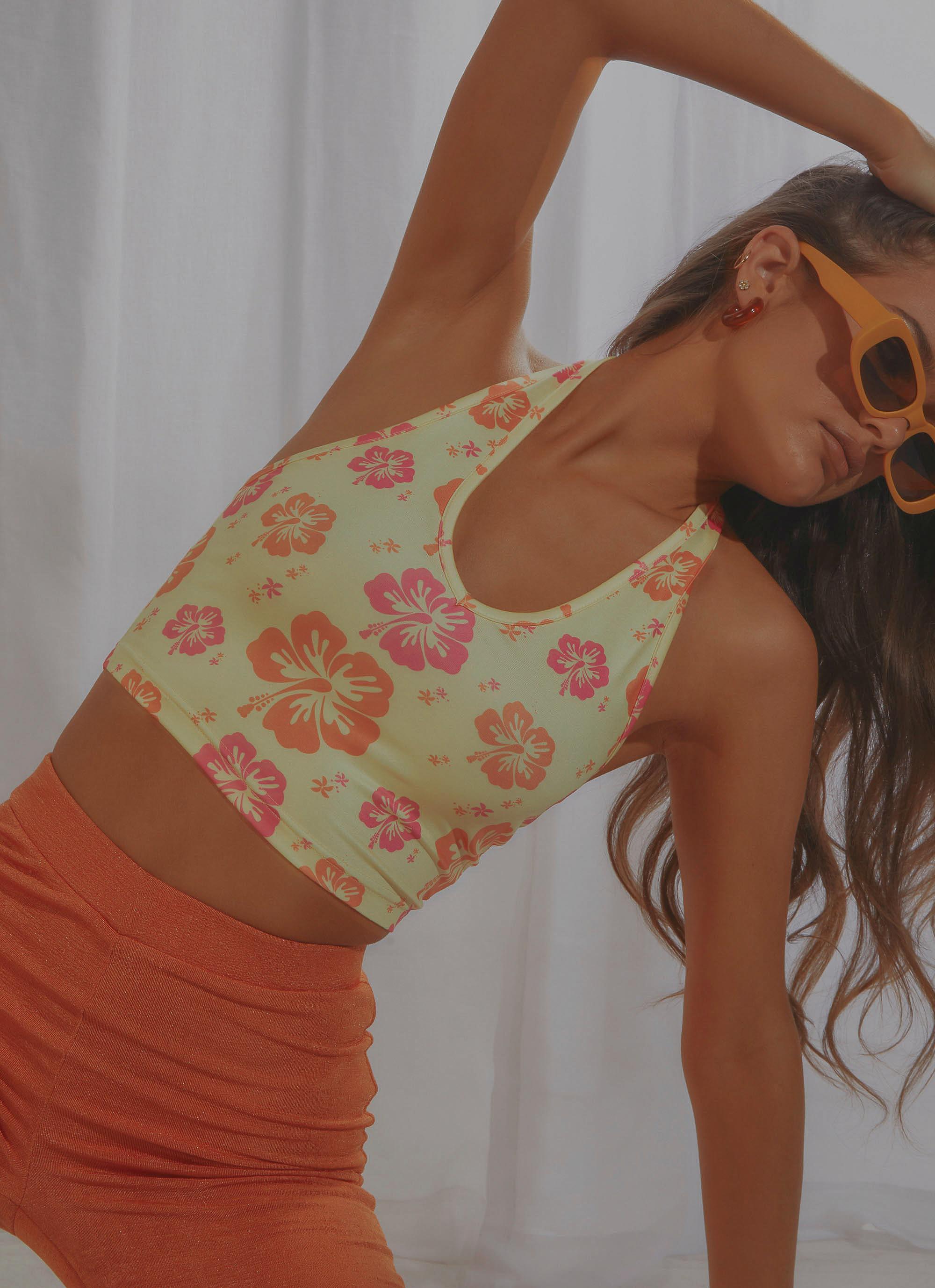 Maui Halter Crop - Yellow Hawaiian Floral-Sunny Prom. All rights reserved.