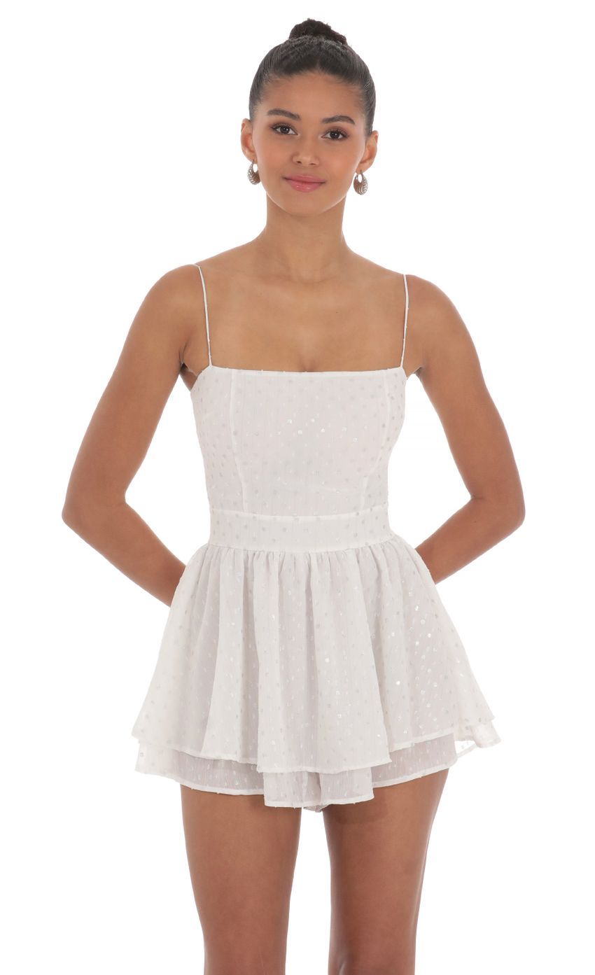 Shimmer Dotted Double Ruffle Romper in White-Sunny Prom. All rights reserved.