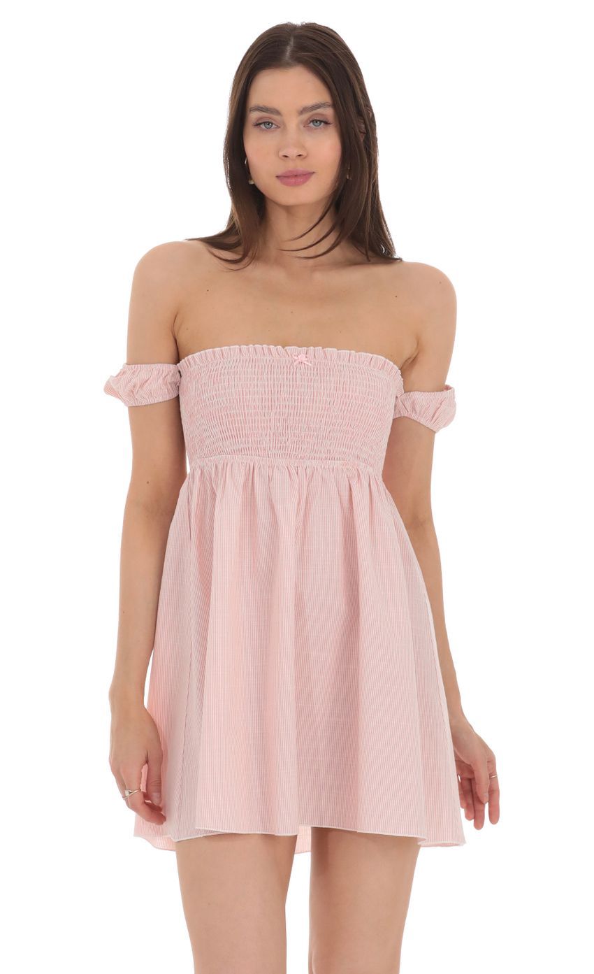 Striped Smocked Off Shoulder Dress in Pink-Sunny Prom. All rights reserved.