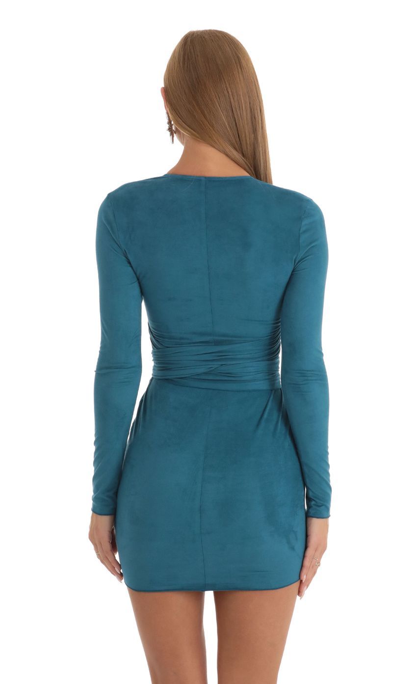 Suede Long Sleeve V-Neck Dress in Teal-Sunny Prom. All rights reserved.