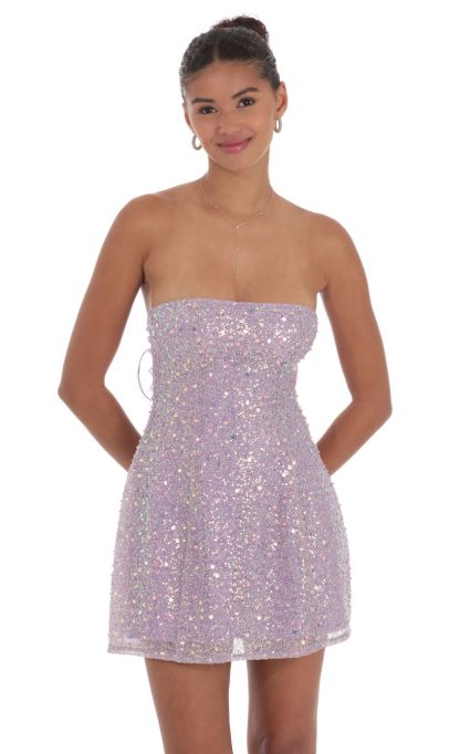 Sequin Glitter Strapless Fit and Flare Dress in Lilac-Sunny Prom. All rights reserved.