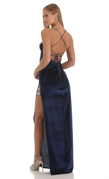 Velvet Rhinestone Slit Maxi Dress in Dark Blue-Sunny Prom. All rights reserved.