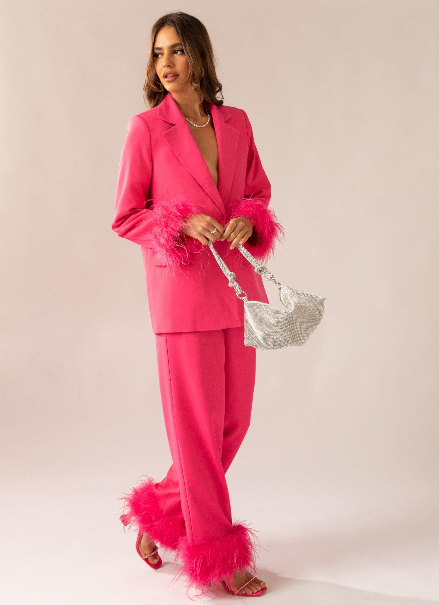 Shake It Off Feather Pants - Magenta-Sunny Prom. All rights reserved.