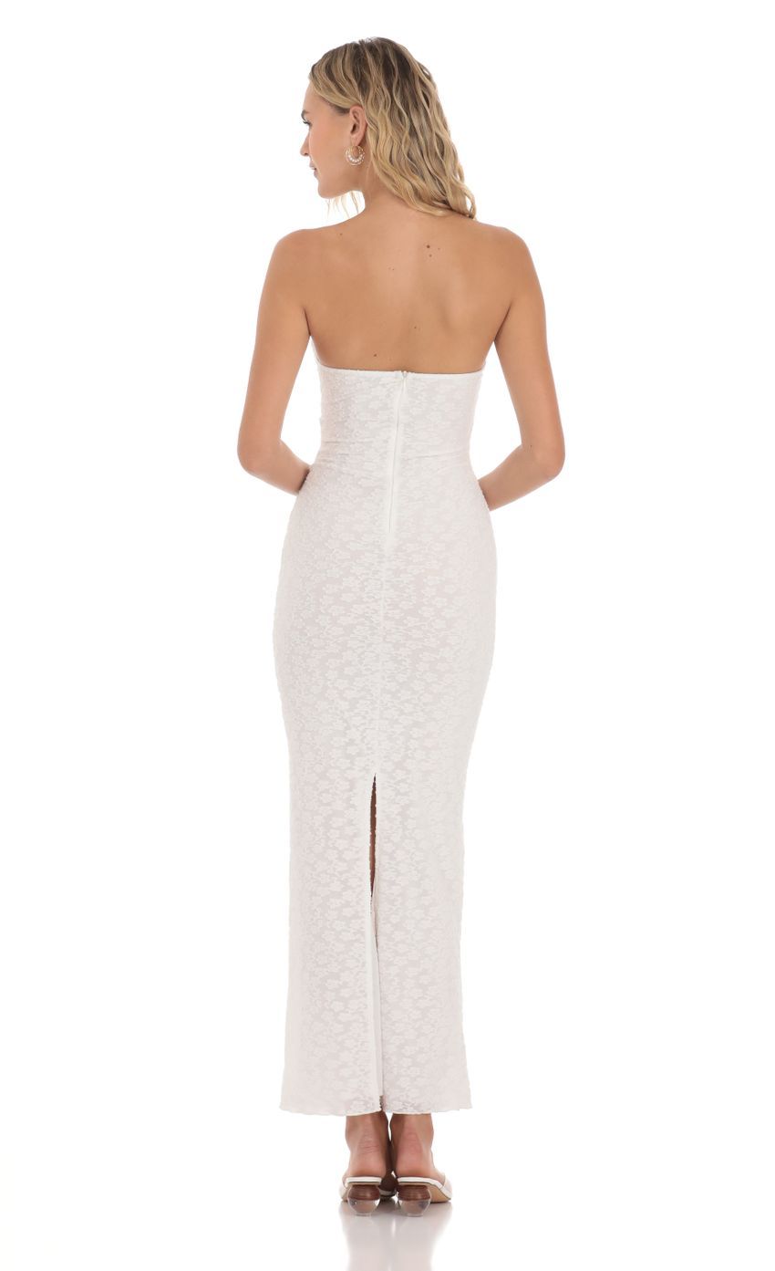 Strapless Textured Floral Twist Maxi Dress in White-Sunny Prom. All rights reserved.