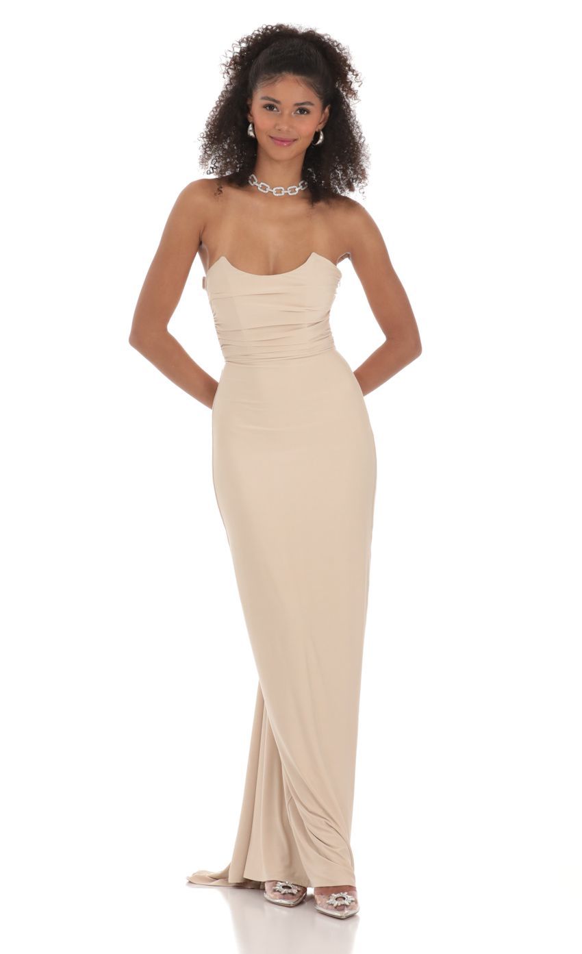 Strapless Corset Sequin Butterfly Maxi Dress in Beige-Sunny Prom. All rights reserved.