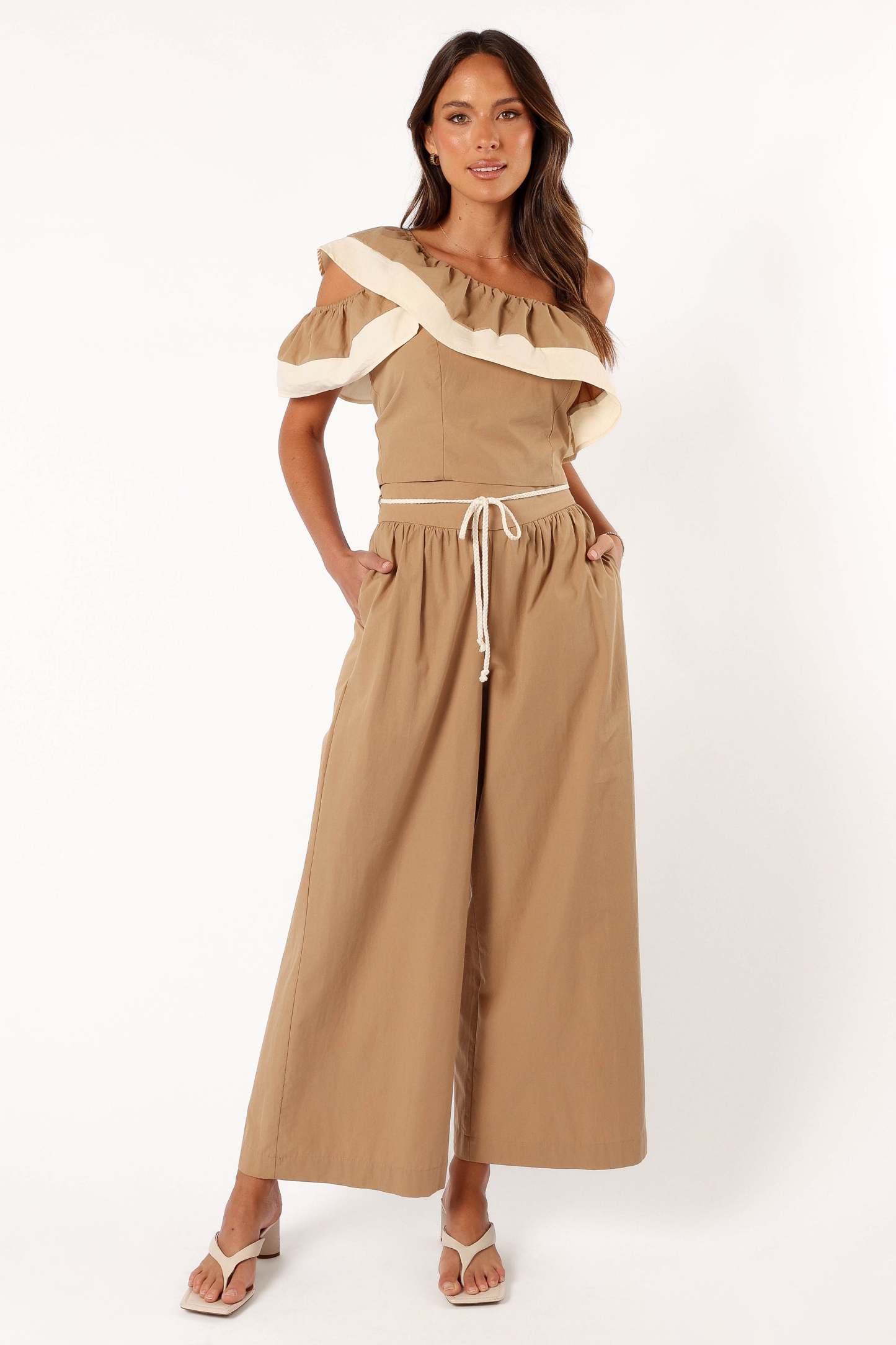 Everly One Shoulder Top - Khaki/Cream-Sunny Prom