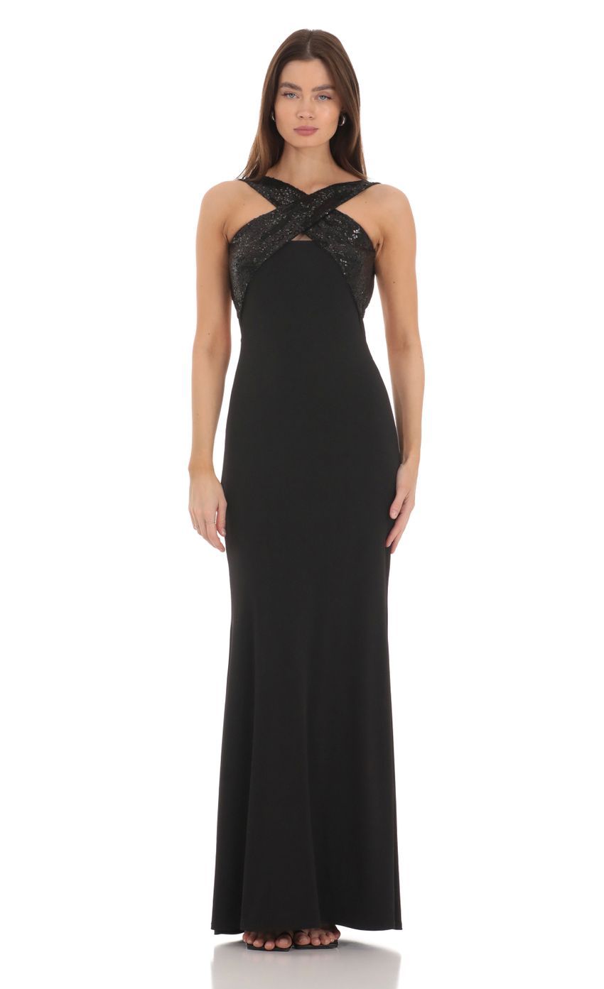 Sequin Cross Neck Maxi Dress in Black-Sunny Prom. All rights reserved.