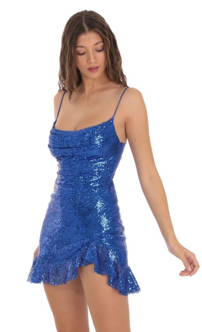 Sequin Cowl Neck Dress in Blue-Sunny Prom. All rights reserved.