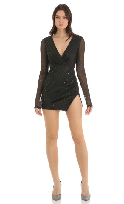Striped Sequin Long Sleeve Dress in Black-Sunny Prom. All rights reserved.