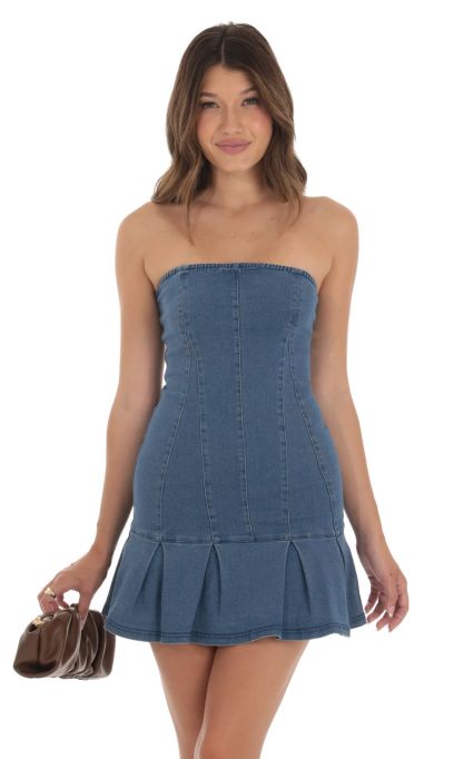 Strapless Pleated Dress in Denim-Sunny Prom. All rights reserved.
