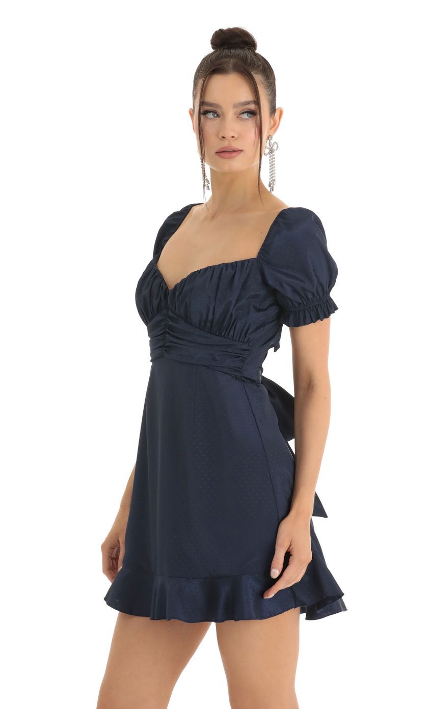 Satin Fit and Flare Puff Sleeve Dress in Blue-Sunny Prom. All rights reserved.