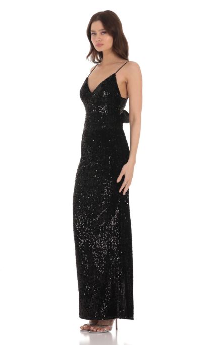 Velvet Sequin Back Bow Maxi Dress in Black-Sunny Prom. All rights reserved.