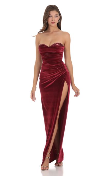 Strapless Velvet Sequin Bust Maxi Dress in Maroon-Sunny Prom. All rights reserved.