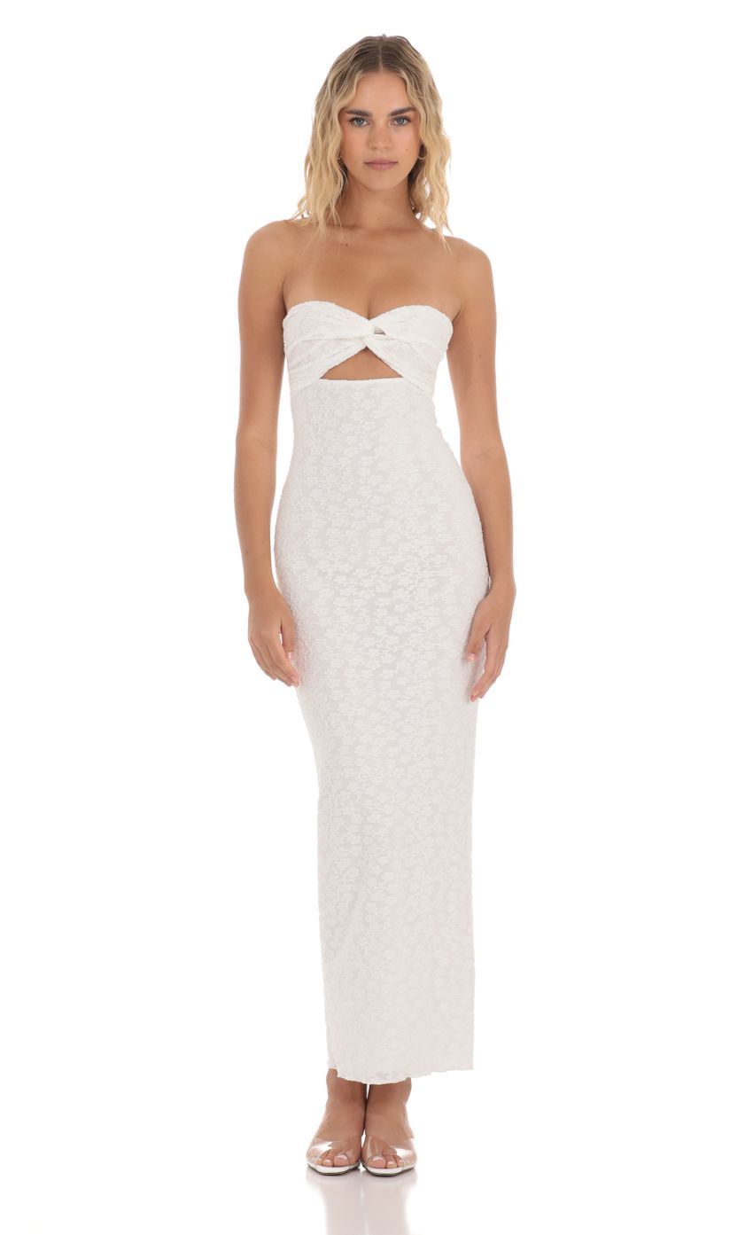 Strapless Textured Floral Twist Maxi Dress in White-Sunny Prom. All rights reserved.