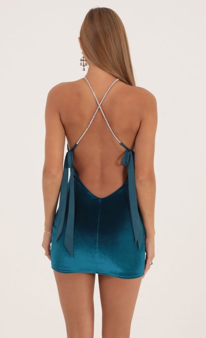 Velvet Halter Dress in Turquoise-Sunny Prom. All rights reserved.