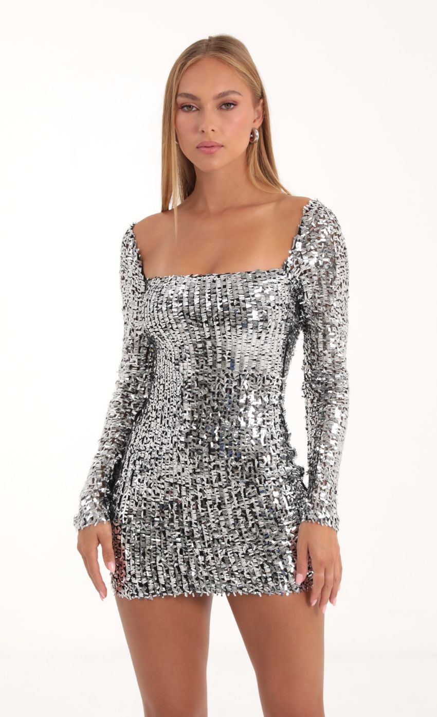 Sequin Mesh Long Sleeve Dress in Silver-Sunny Prom. All rights reserved.