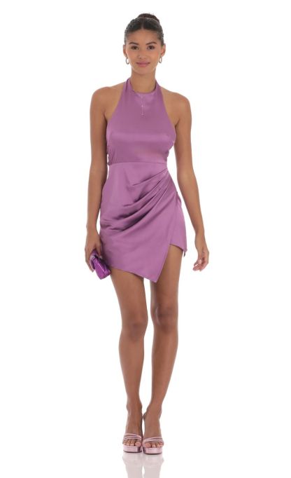 Satin Halter High Neck Dress in Purple-Sunny Prom. All rights reserved.