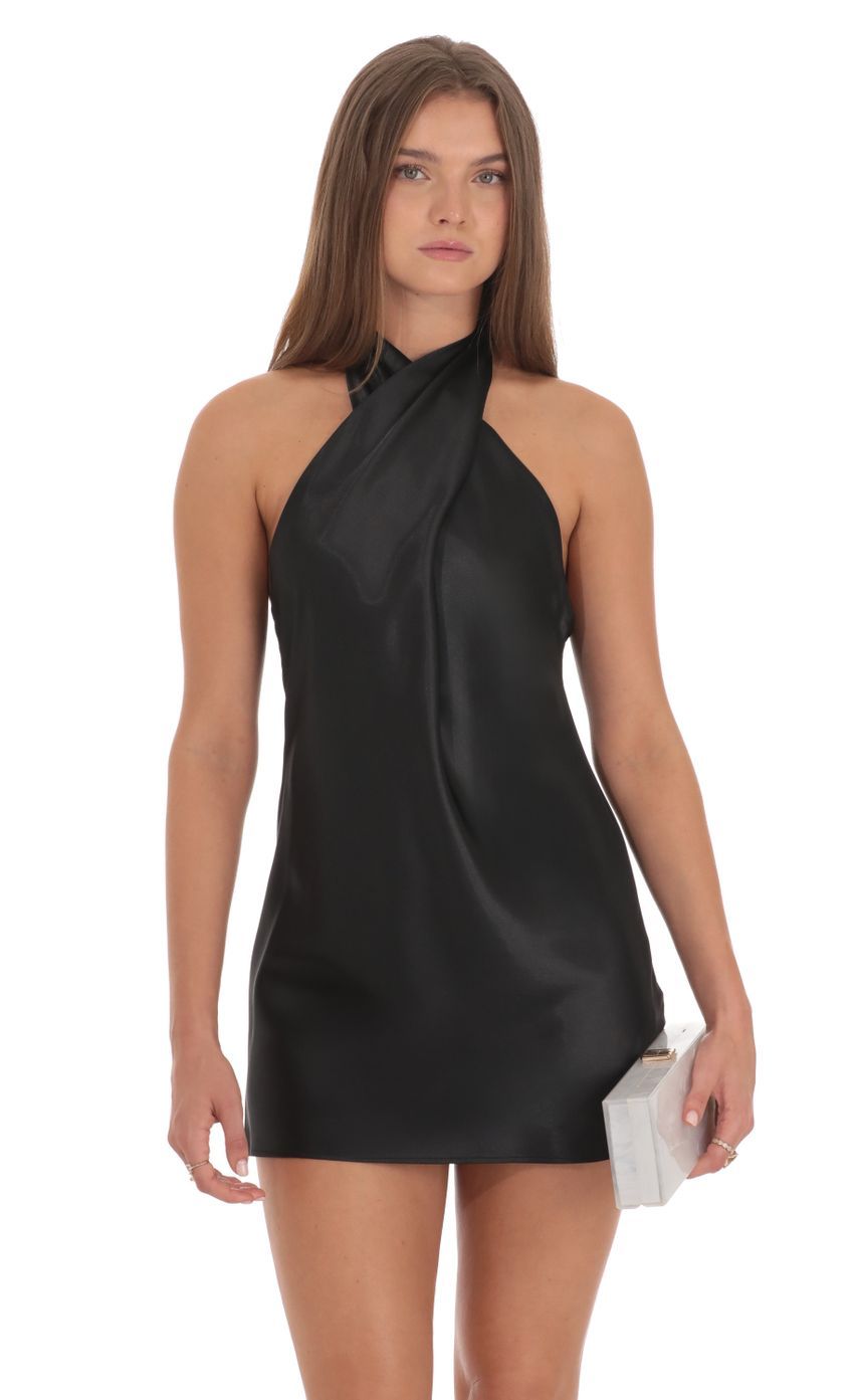 Satin Cross Halter Dress in Black-Sunny Prom. All rights reserved.