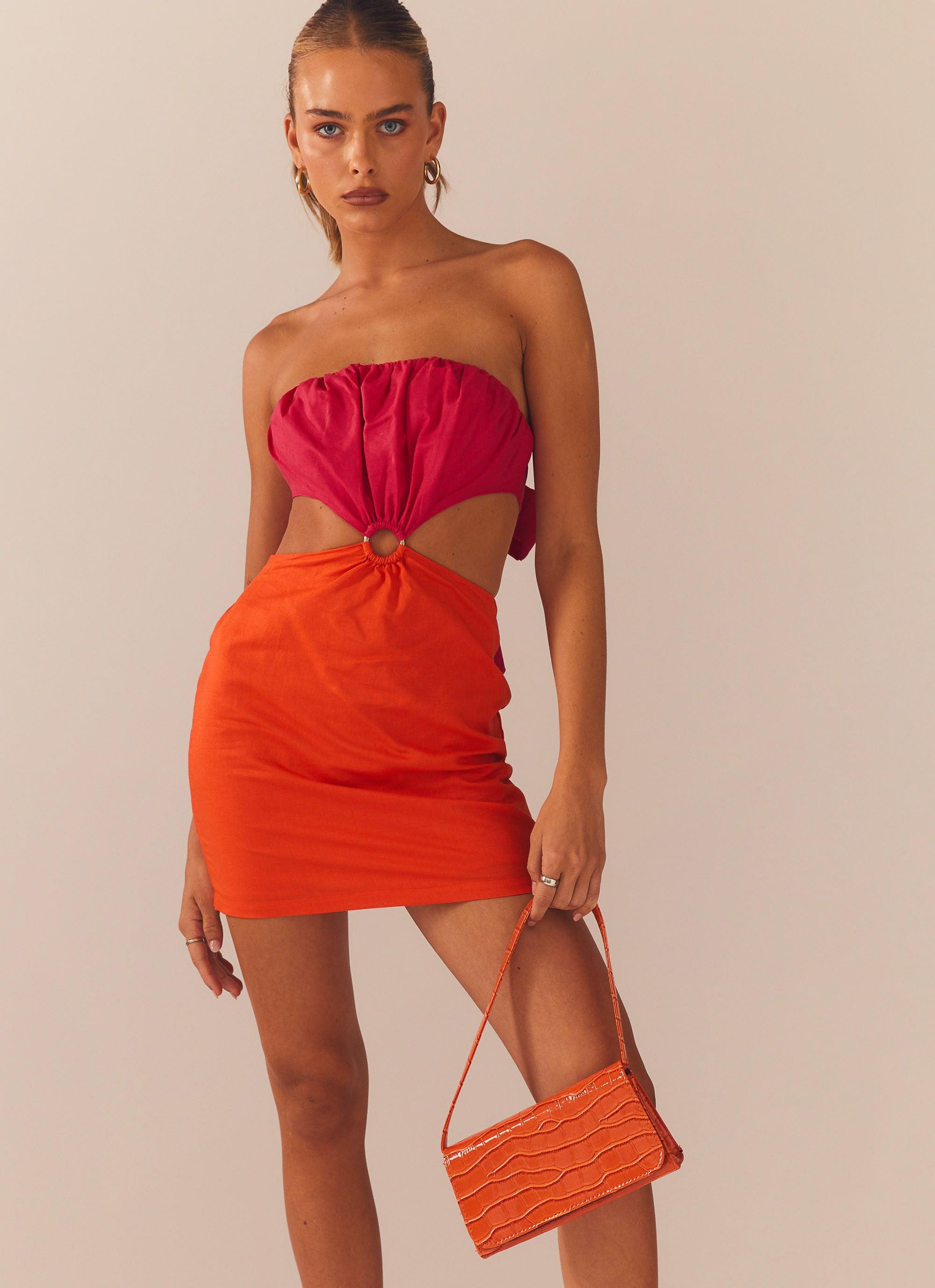 Cut You Out Linen Mini Dress - Sunset Splice-Sunny Prom. All rights reserved.